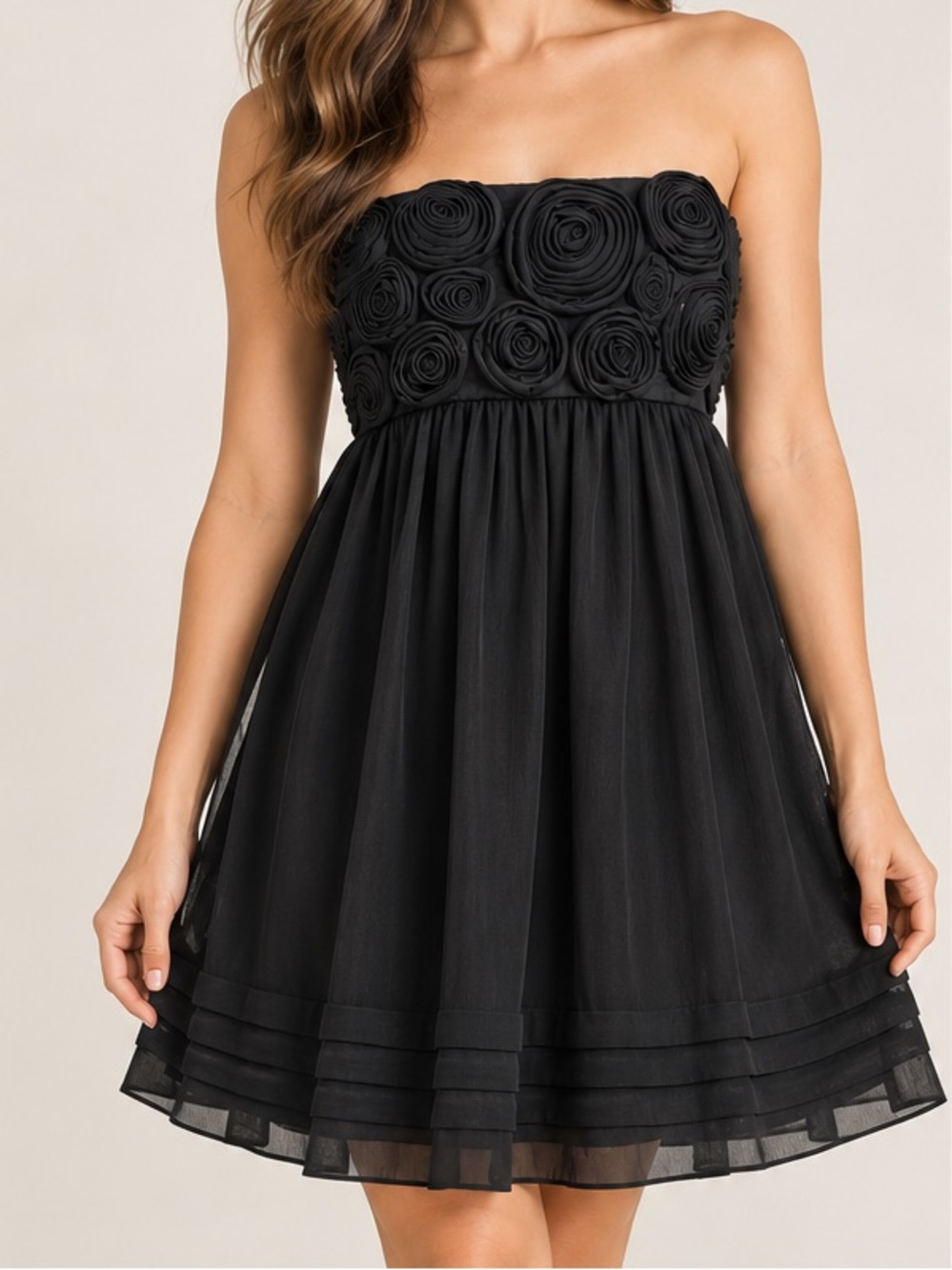 BCBG Paris Black Strapless Rosette Chiffon Cocktail Dress Size 12